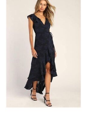 Lulu's Midnight Navy Floral Wrap High-Low Dress